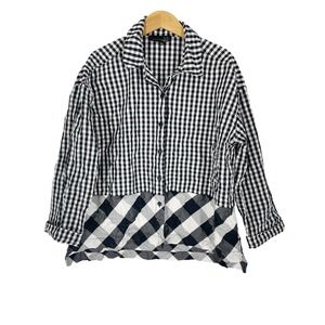 Liv By Habitat Clothes Crinkle Tunic top Button Up Black White Plaid Lagenlook L